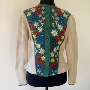 Vintage Tyrolean Hand-Knit Wool Cardigan Floral Embroidered Trachten Sweater